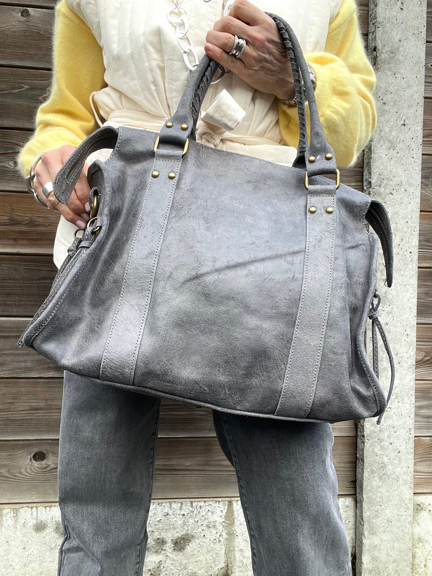BIGBALUS maxi sac en cuir vintage grey
