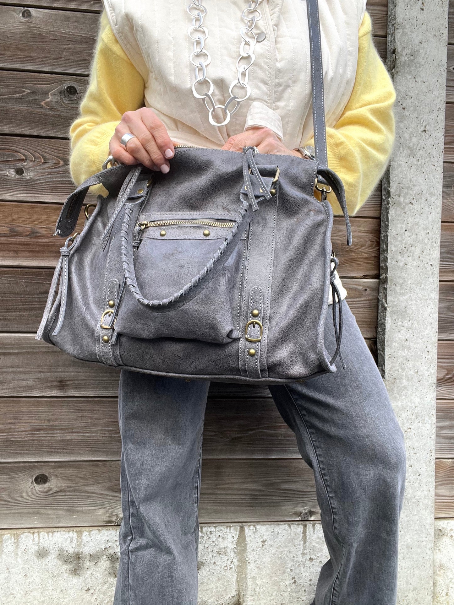 BIGBALUS maxi sac en cuir vintage grey
