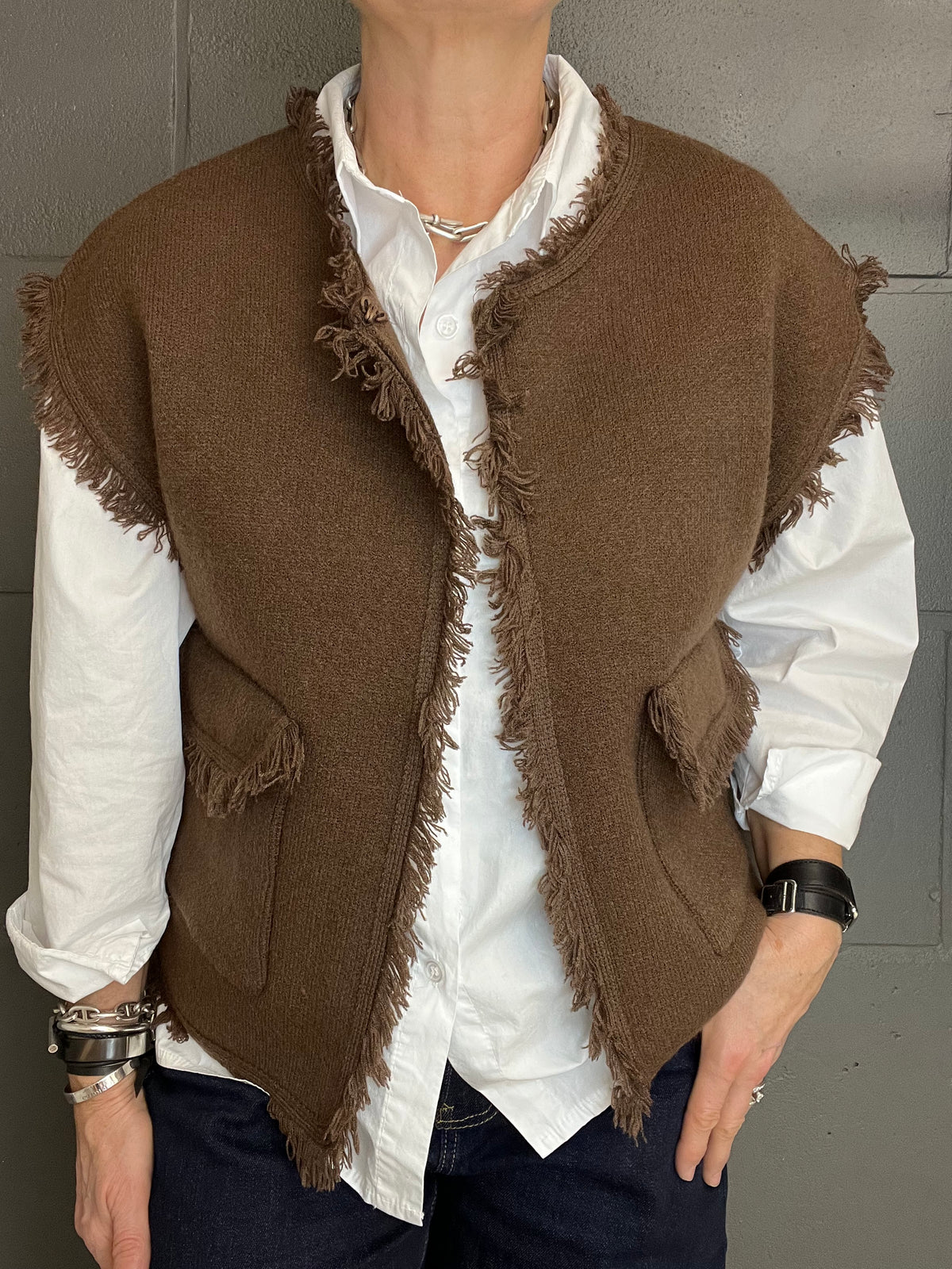 PASSY gilet frangé choco