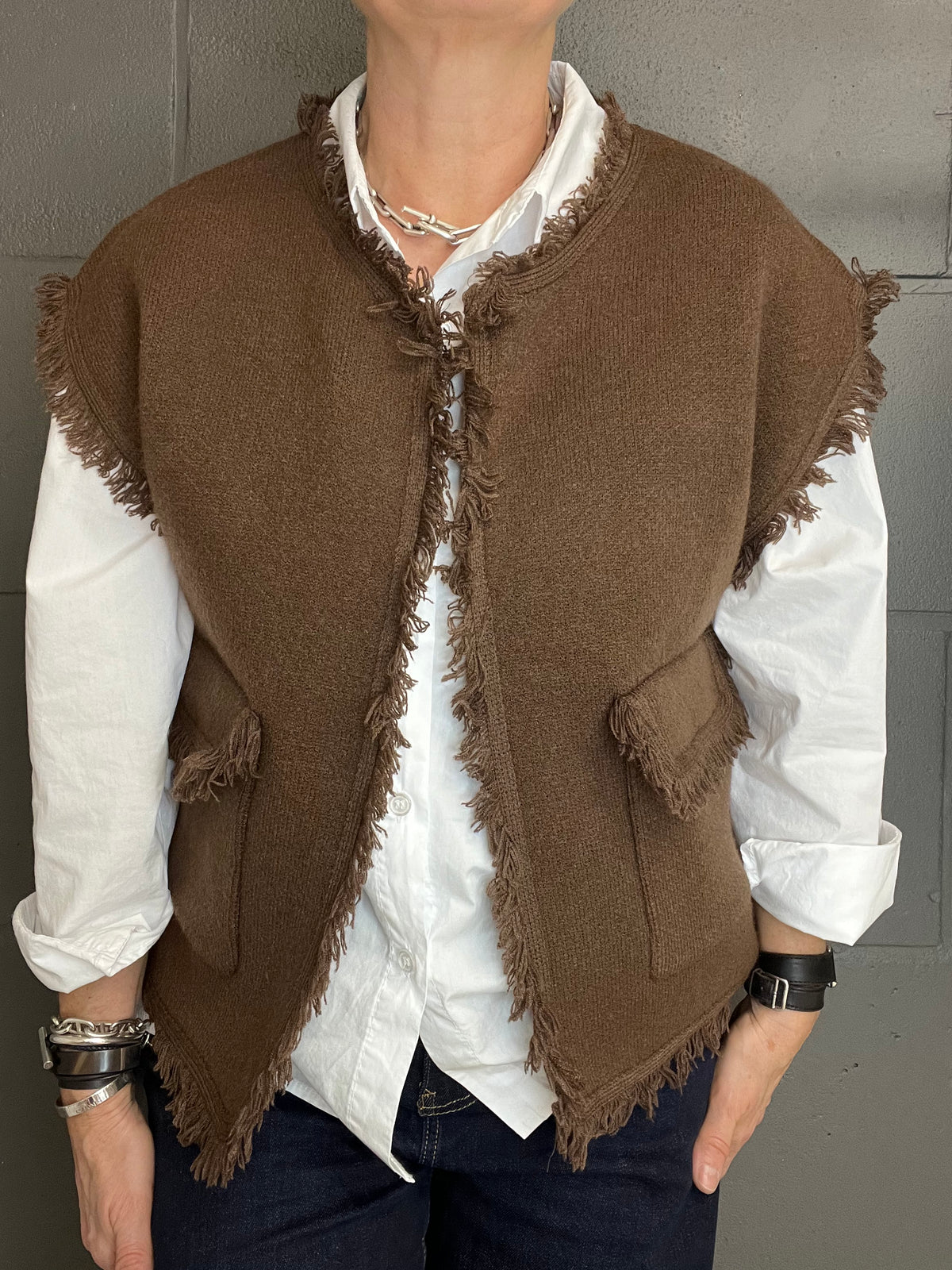 PASSY gilet frangé choco