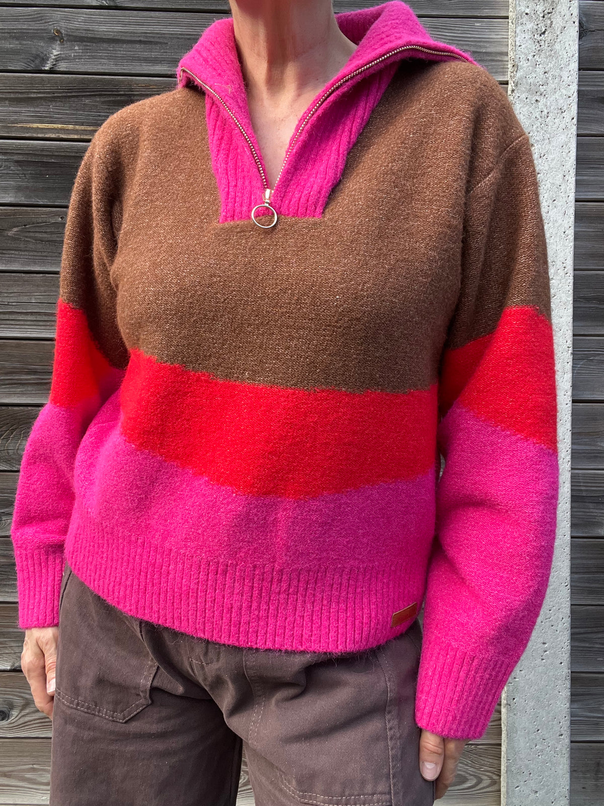 JULIETTE pull tricolore choco/red
