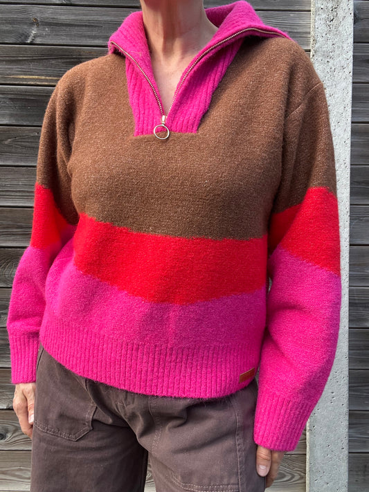 JULIETTE pull tricolore choco/red