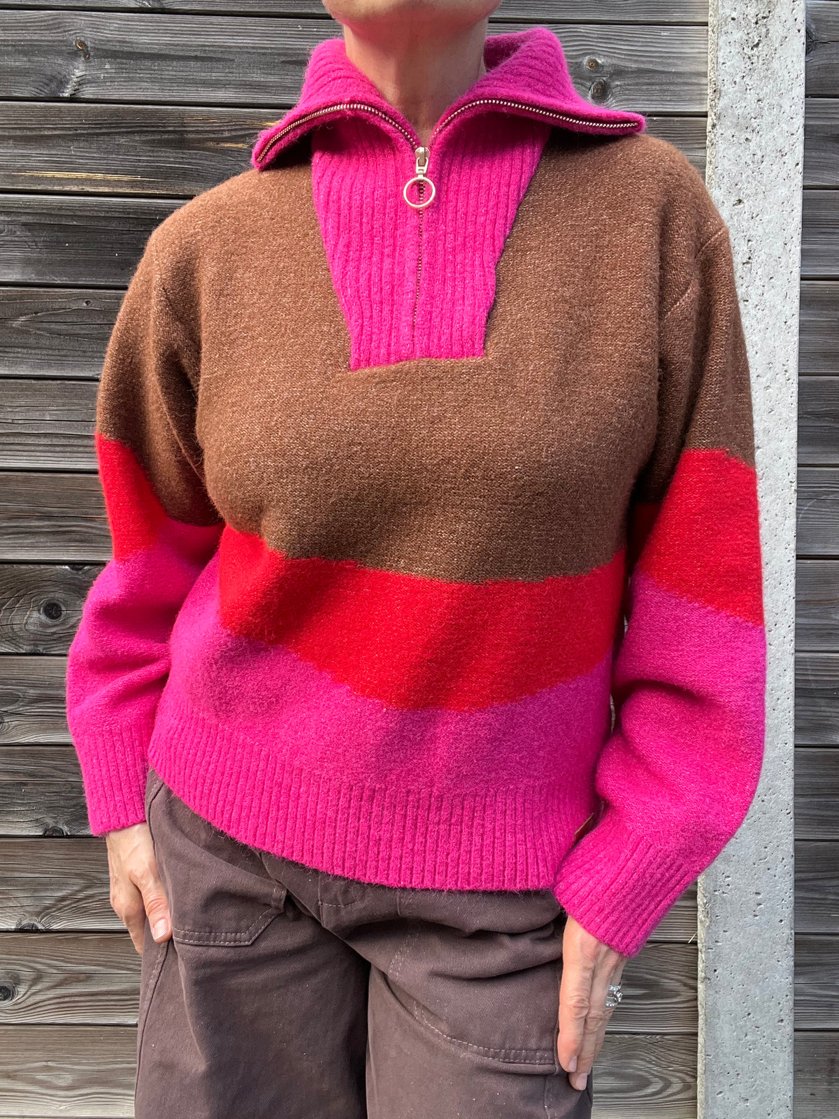 JULIETTE pull tricolore choco/red