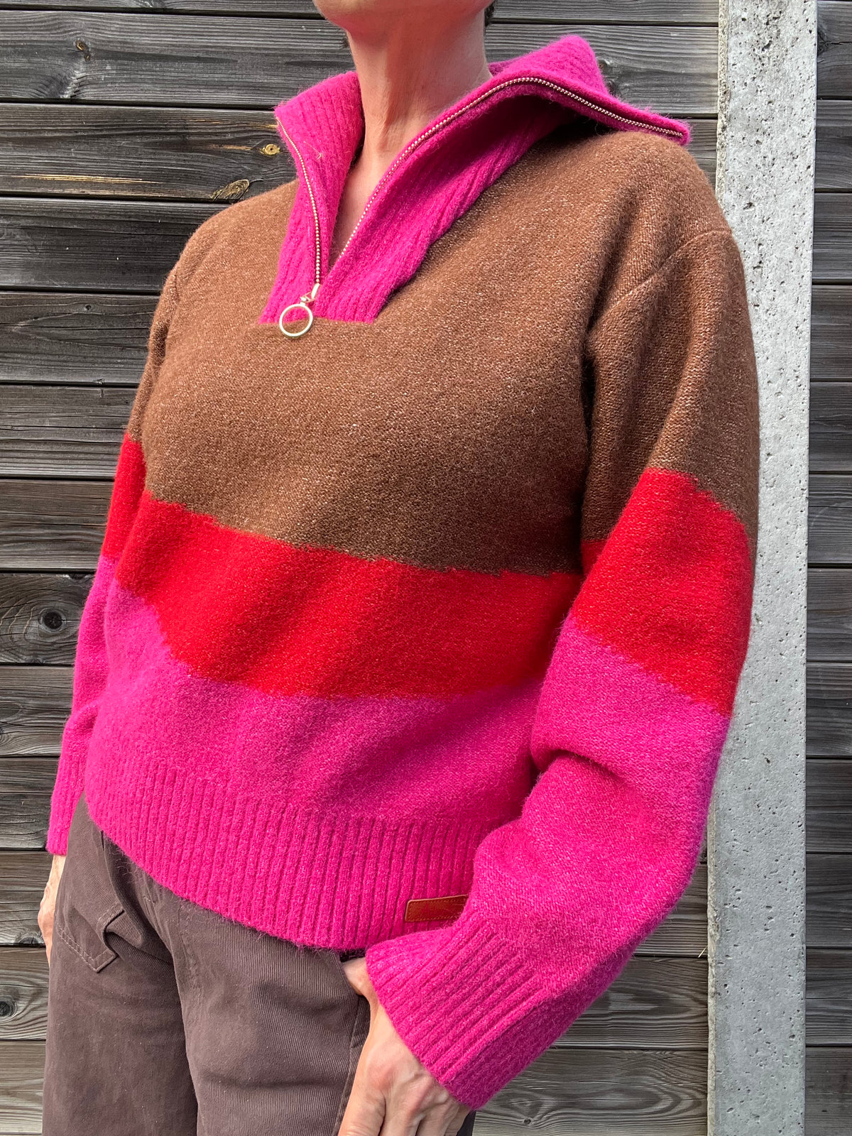 JULIETTE pull tricolore choco/red