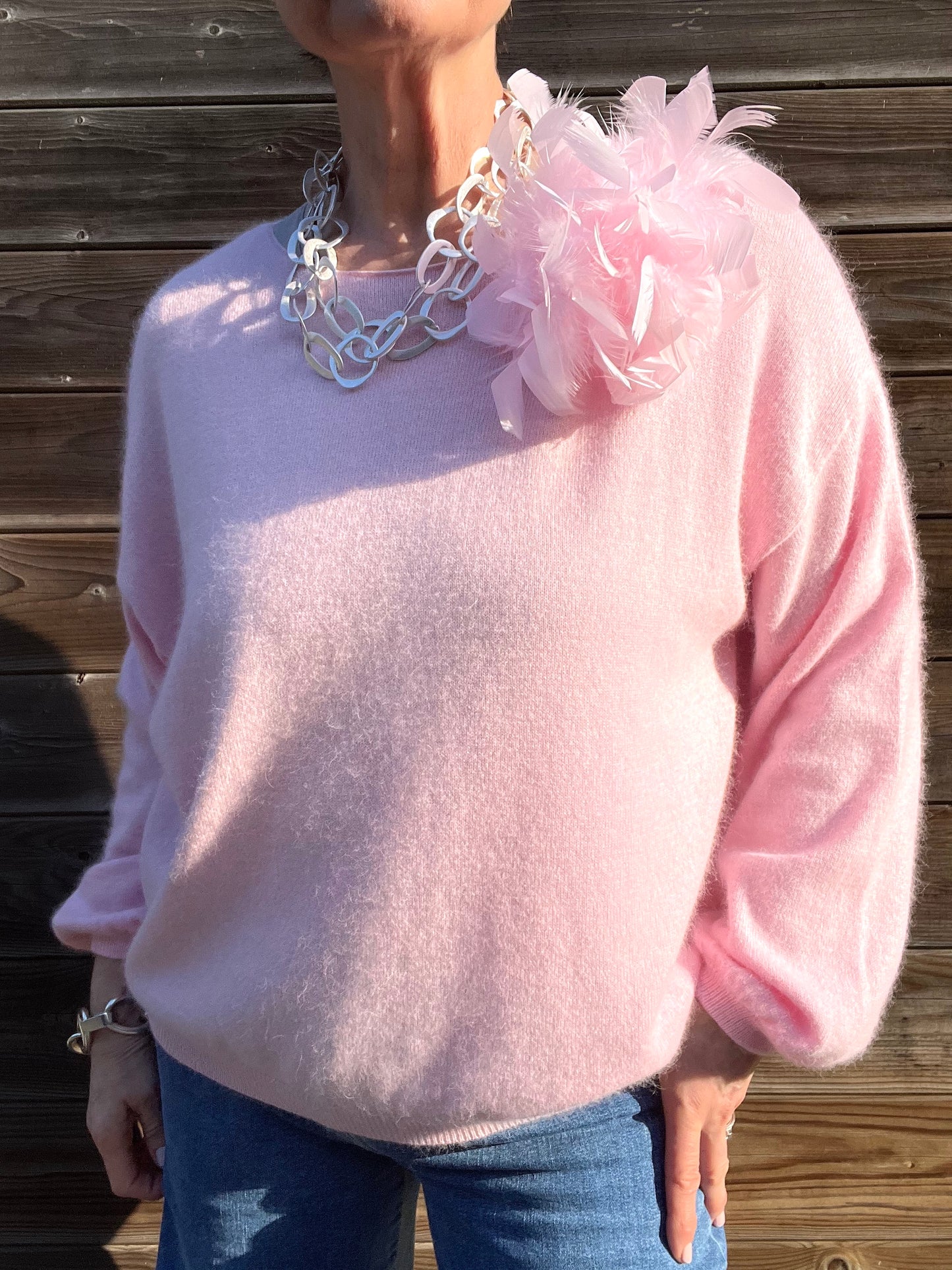 LOS ANGELES pull col bateau manches bouffantes baby pink