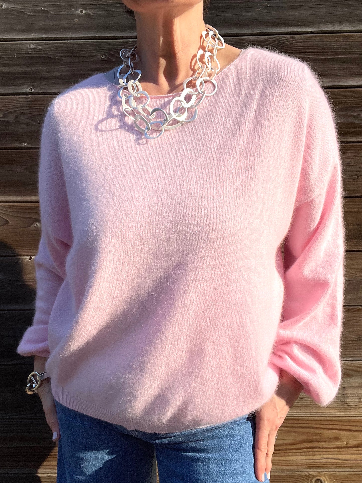 LOS ANGELES pull col bateau manches bouffantes baby pink