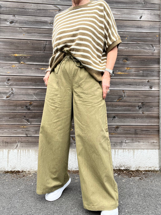RISE pantalon large taille élastique olive