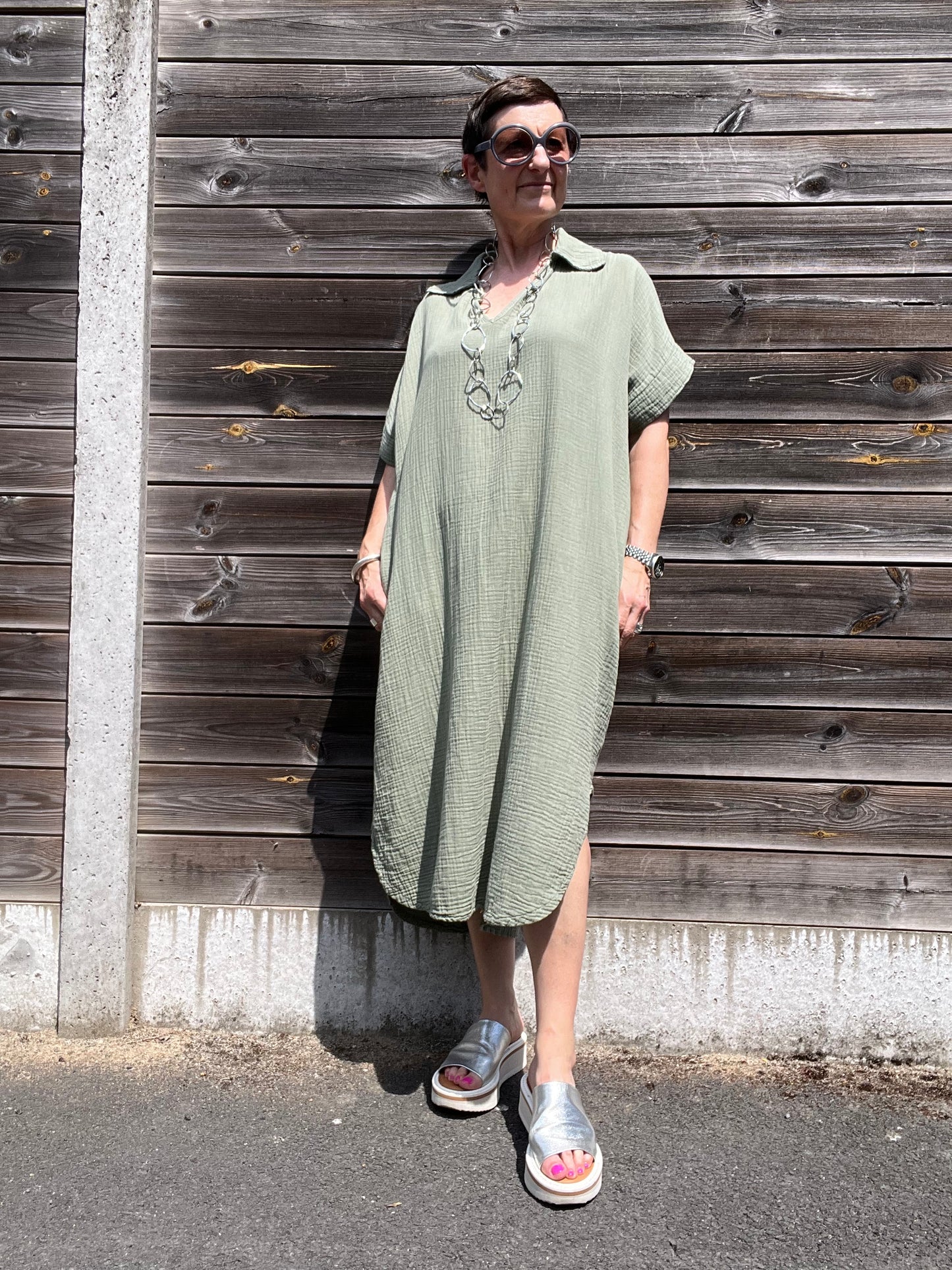 ALLOW robe en gaze de coton uni kaki