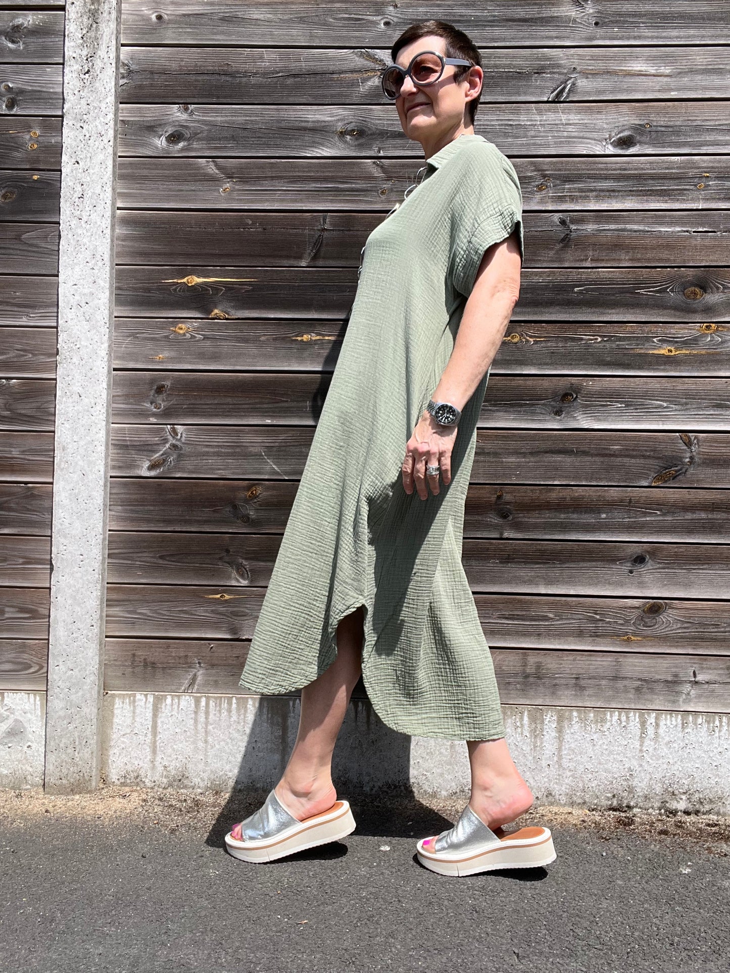 ALLOW robe en gaze de coton uni kaki