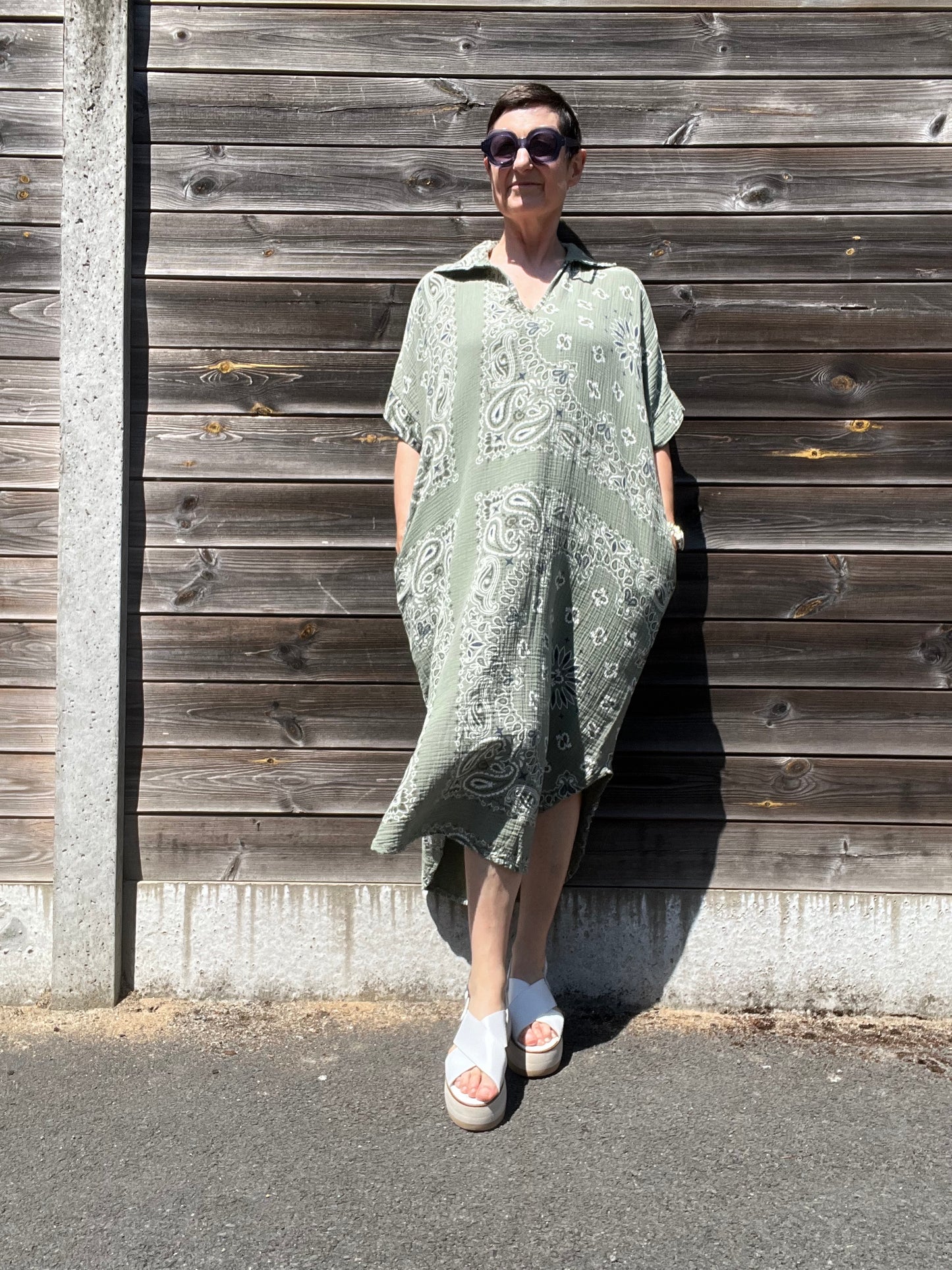 BANDANA robe imprimée en gaze de coton kaki