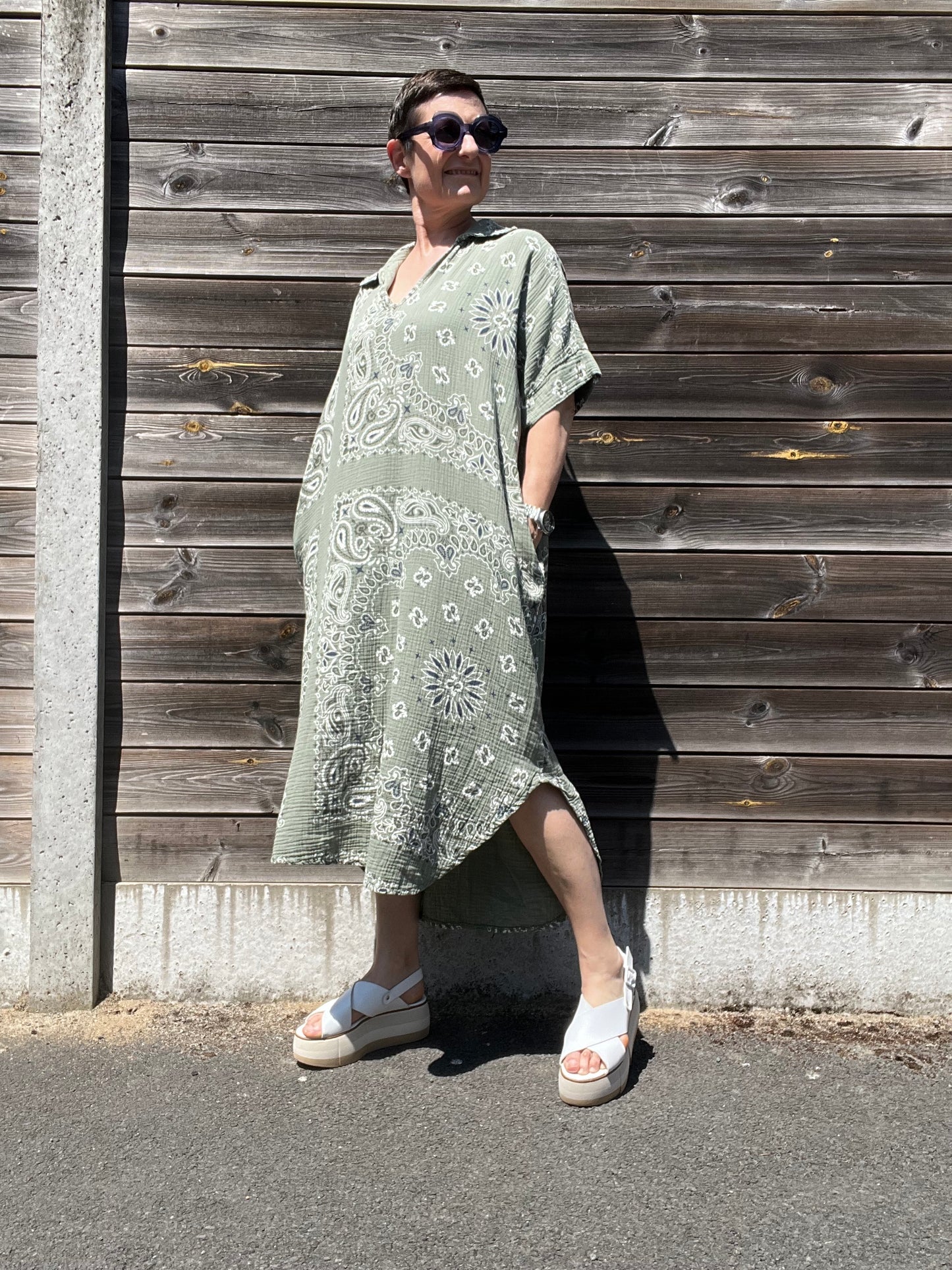 BANDANA robe imprimée en gaze de coton kaki