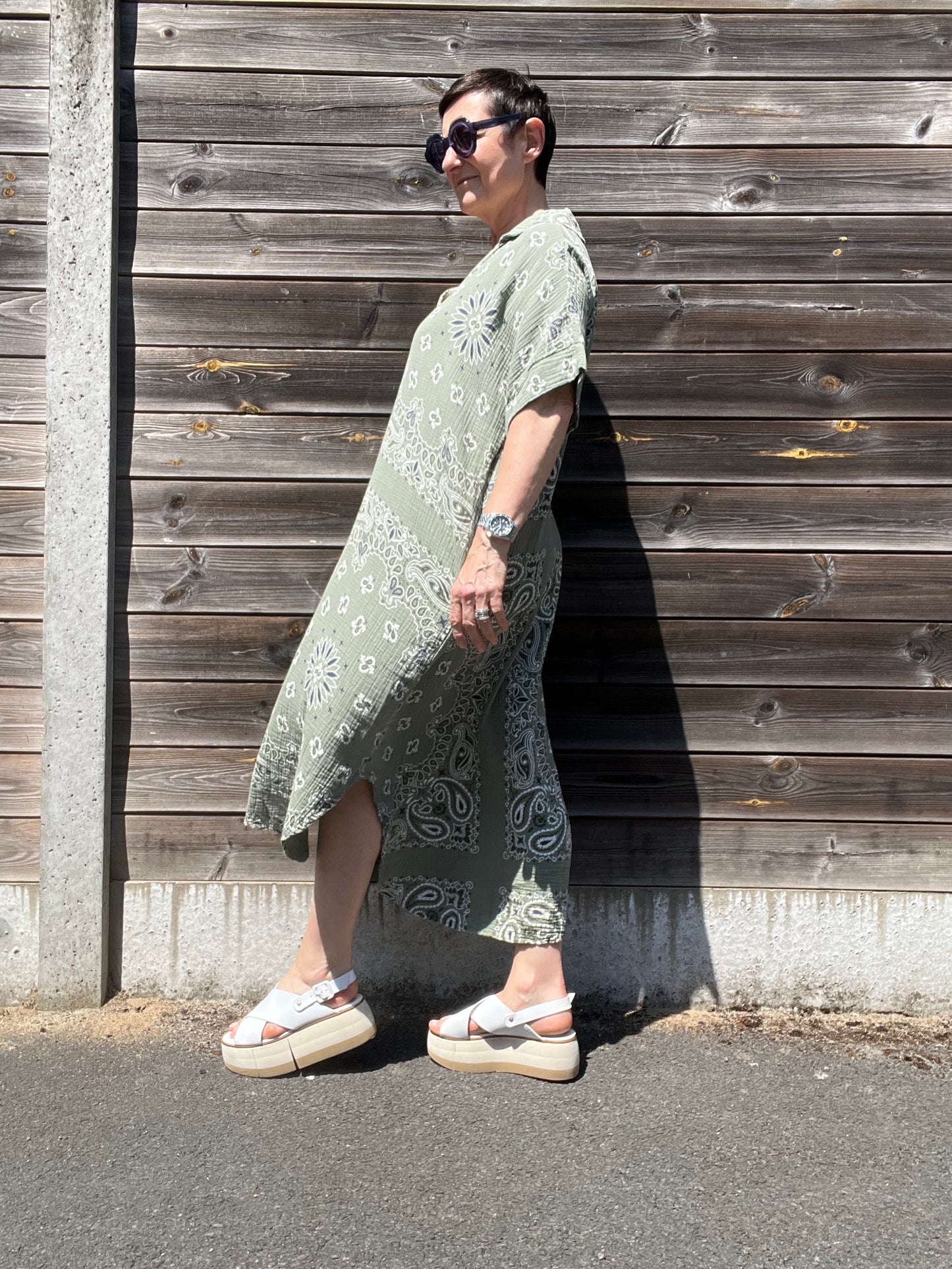 BANDANA robe imprimée en gaze de coton kaki
