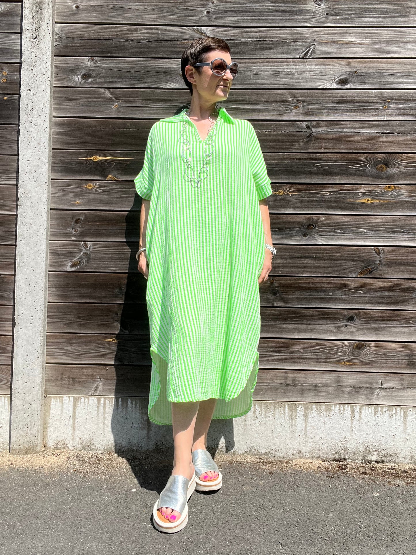 BEFORE robe en gaze de coton rayé green