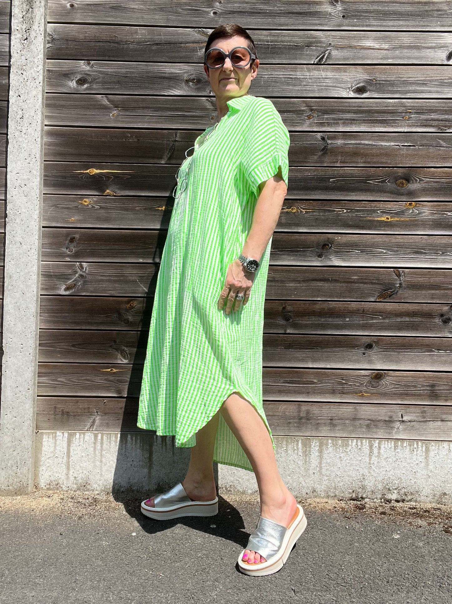 BEFORE robe en gaze de coton rayé green