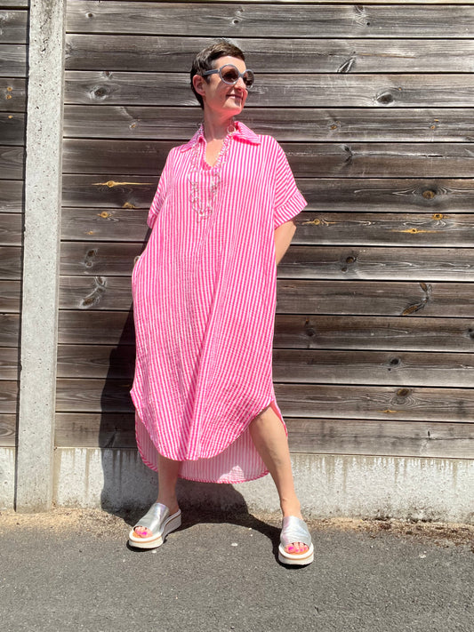 BEFORE robe en gaze de coton rayé pink fluo