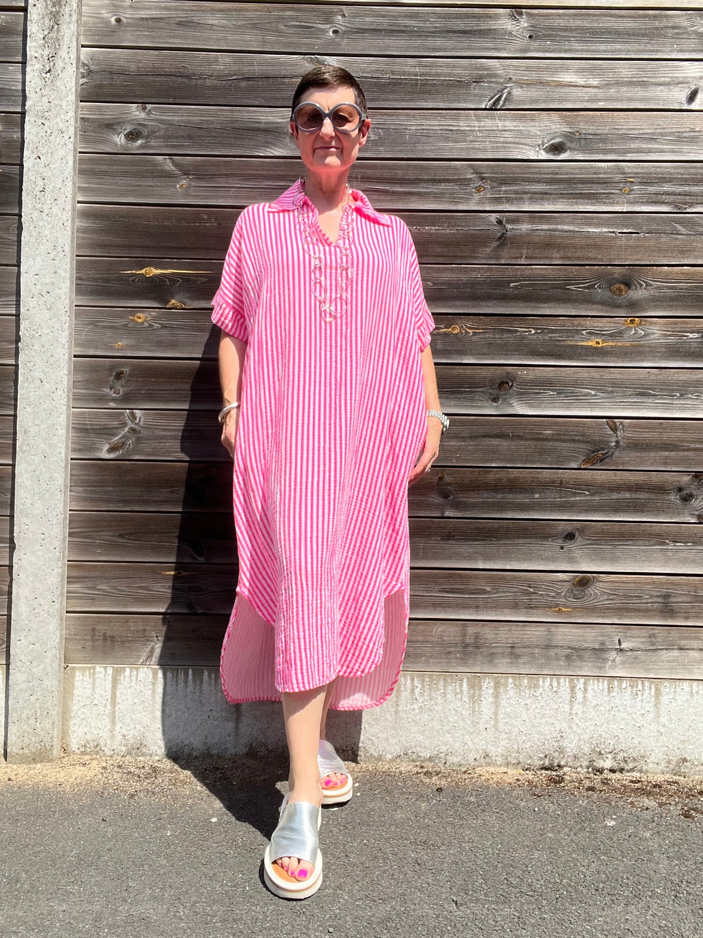 BEFORE robe en gaze de coton rayé pink fluo