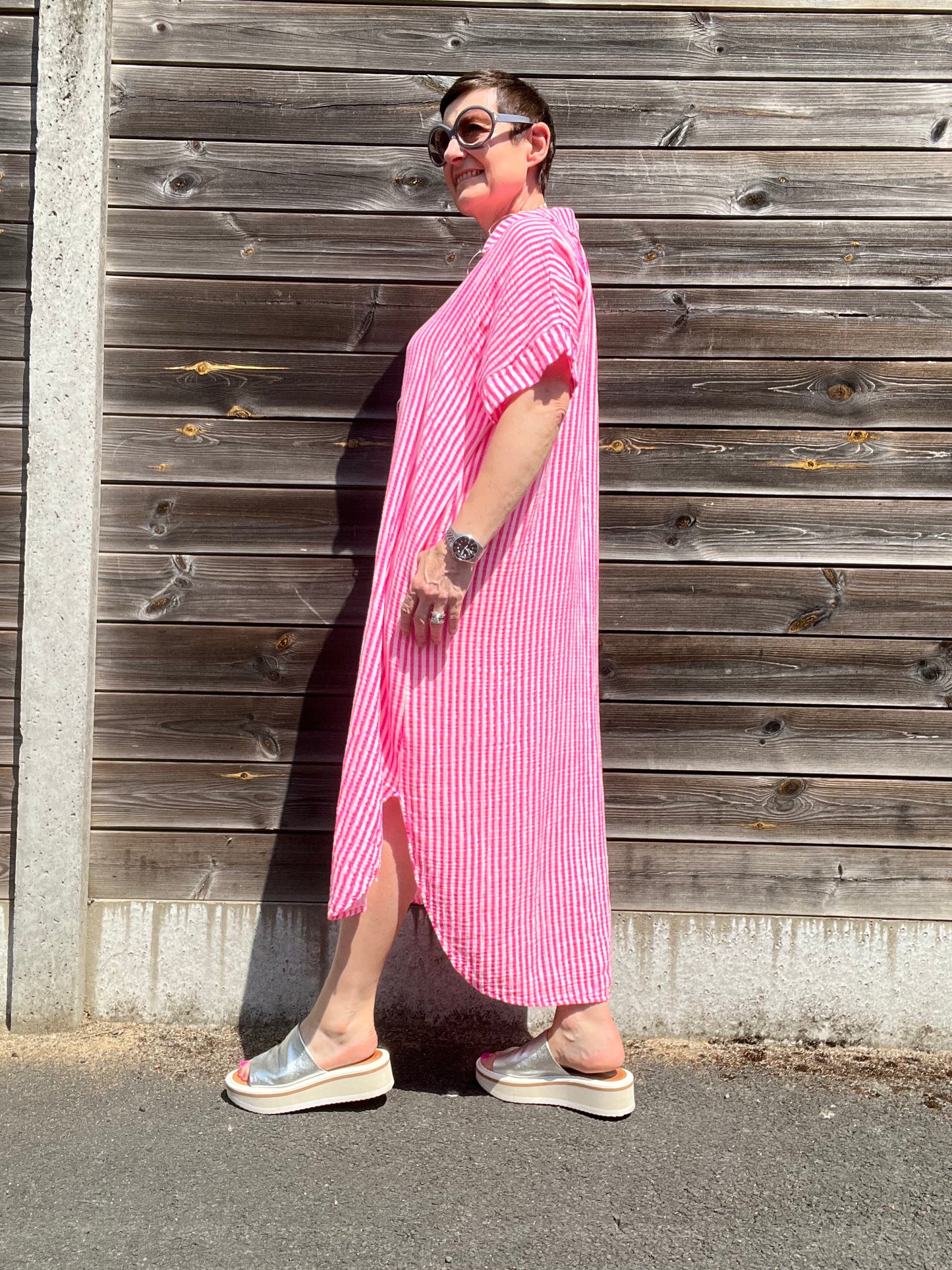 BEFORE robe en gaze de coton rayé pink fluo