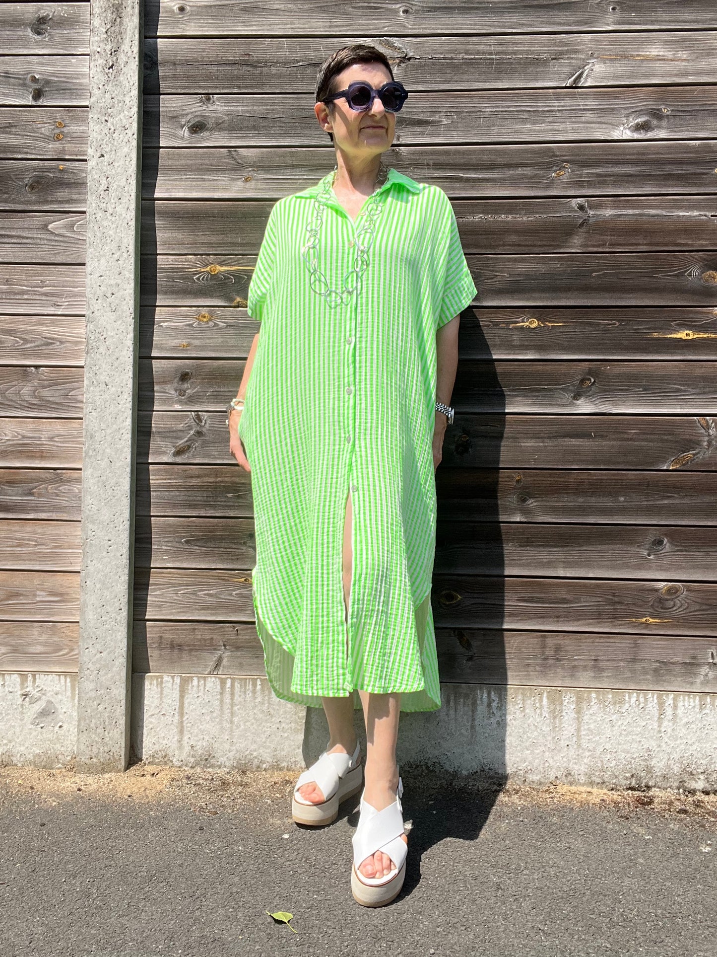 BRINGS robe chemise en gaze de coton rayé green fluo