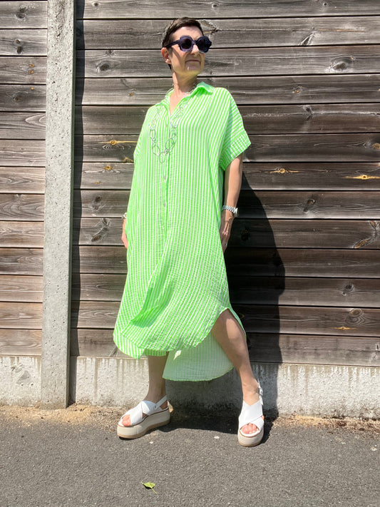 BRINGS robe chemise en gaze de coton rayé green fluo