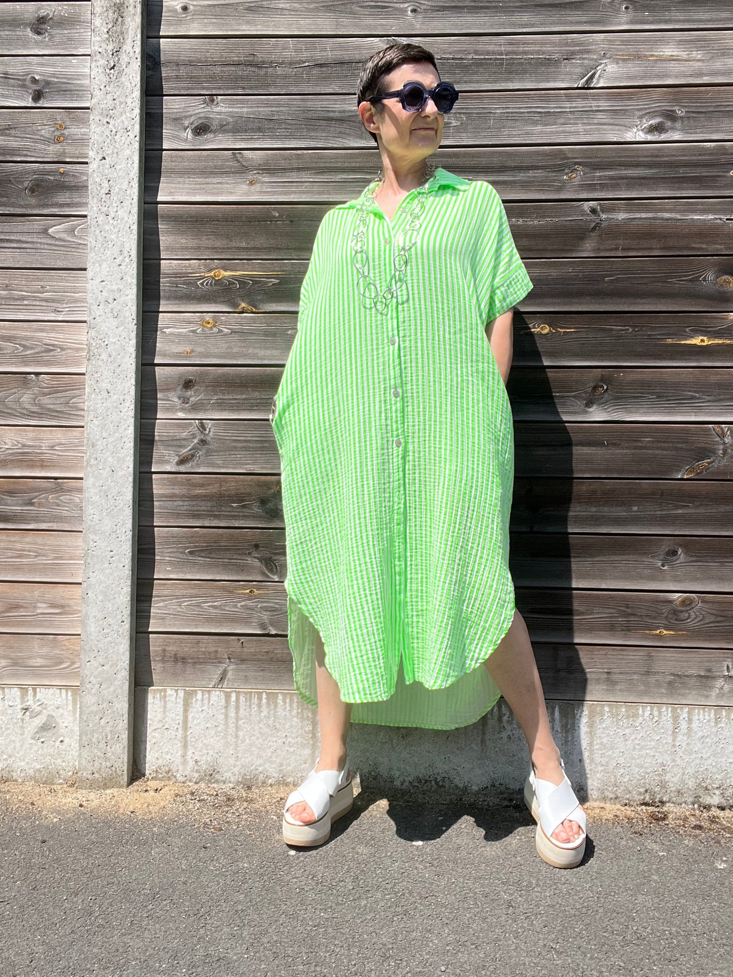 BRINGS robe chemise en gaze de coton rayé green fluo