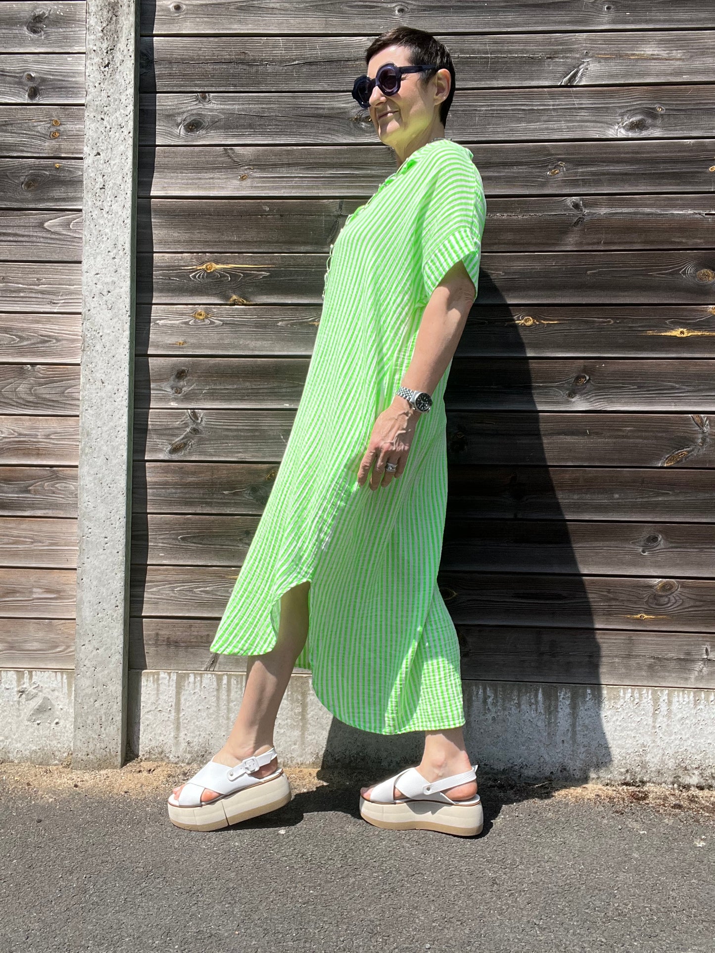 BRINGS robe chemise en gaze de coton rayé green fluo