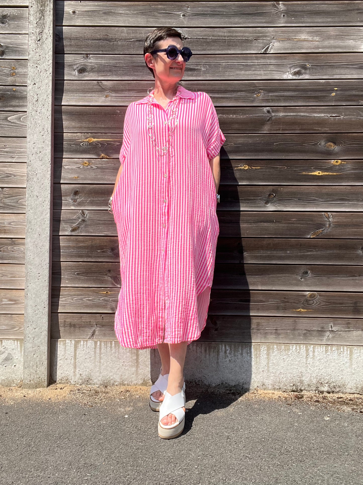 BRINGS robe chemise en gaze de coton rayé pink fluo