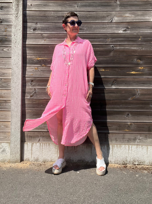 BRINGS robe chemise en gaze de coton rayé pink fluo
