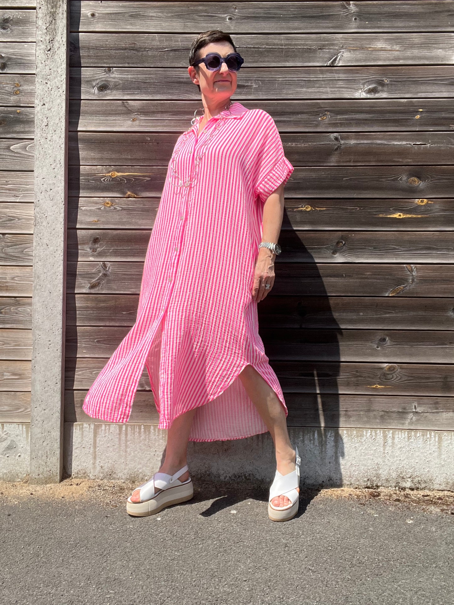 BRINGS robe chemise en gaze de coton rayé pink fluo