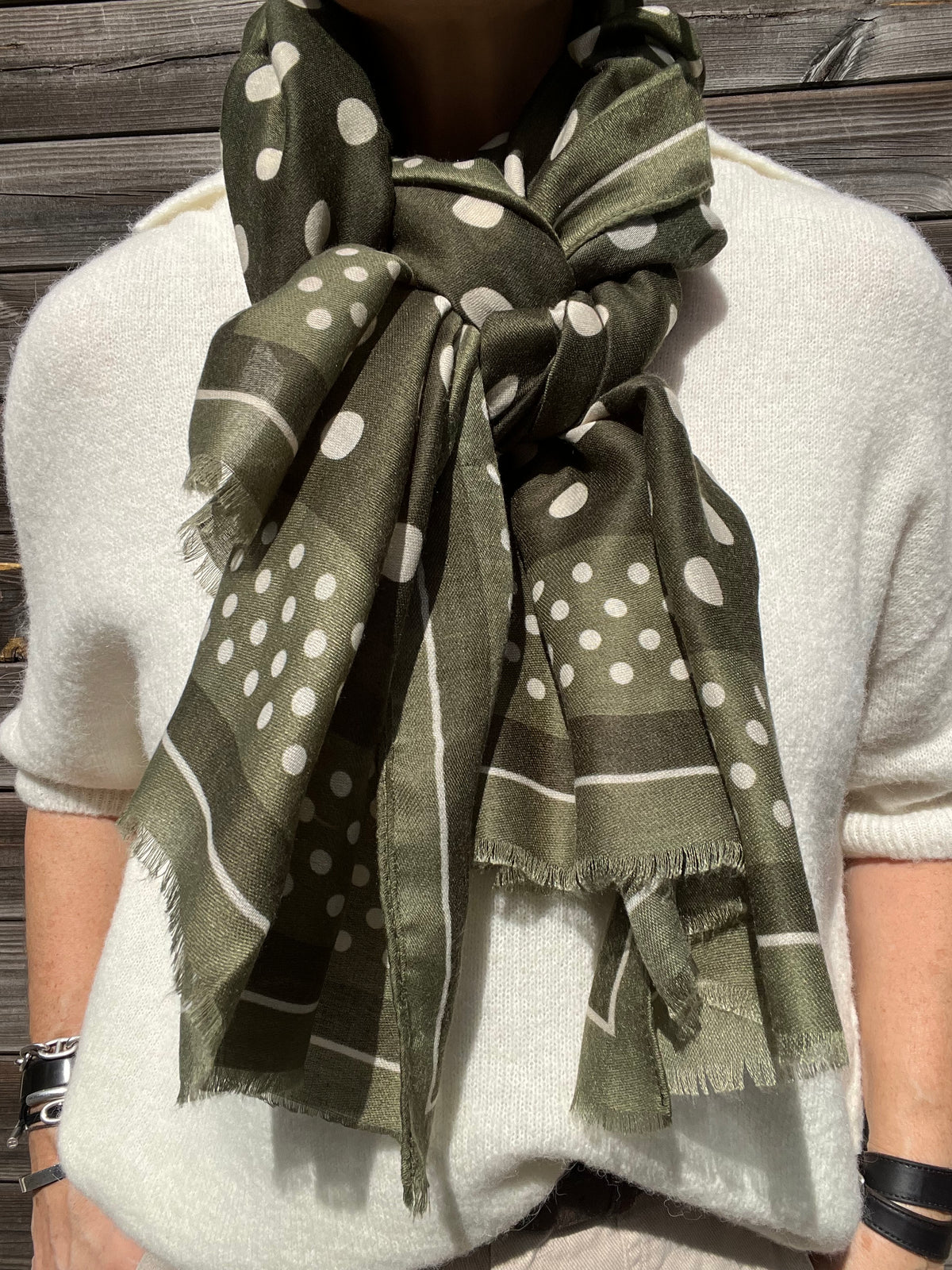 LORE foulard bicolore motif pois kaki