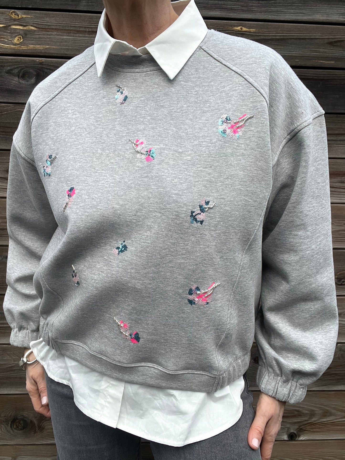 BAYIA sweat brodé perles & sequins grey