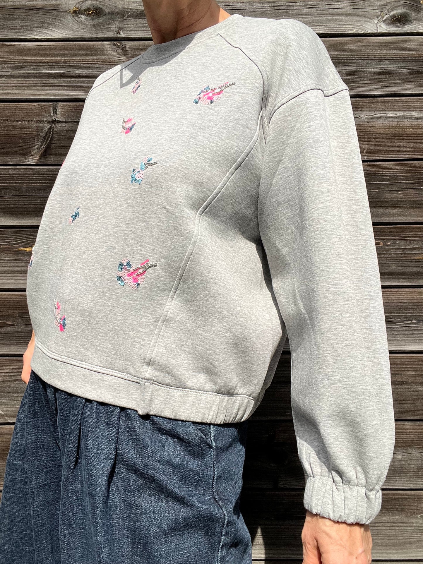 BAYIA sweat brodé perles & paillettes grey