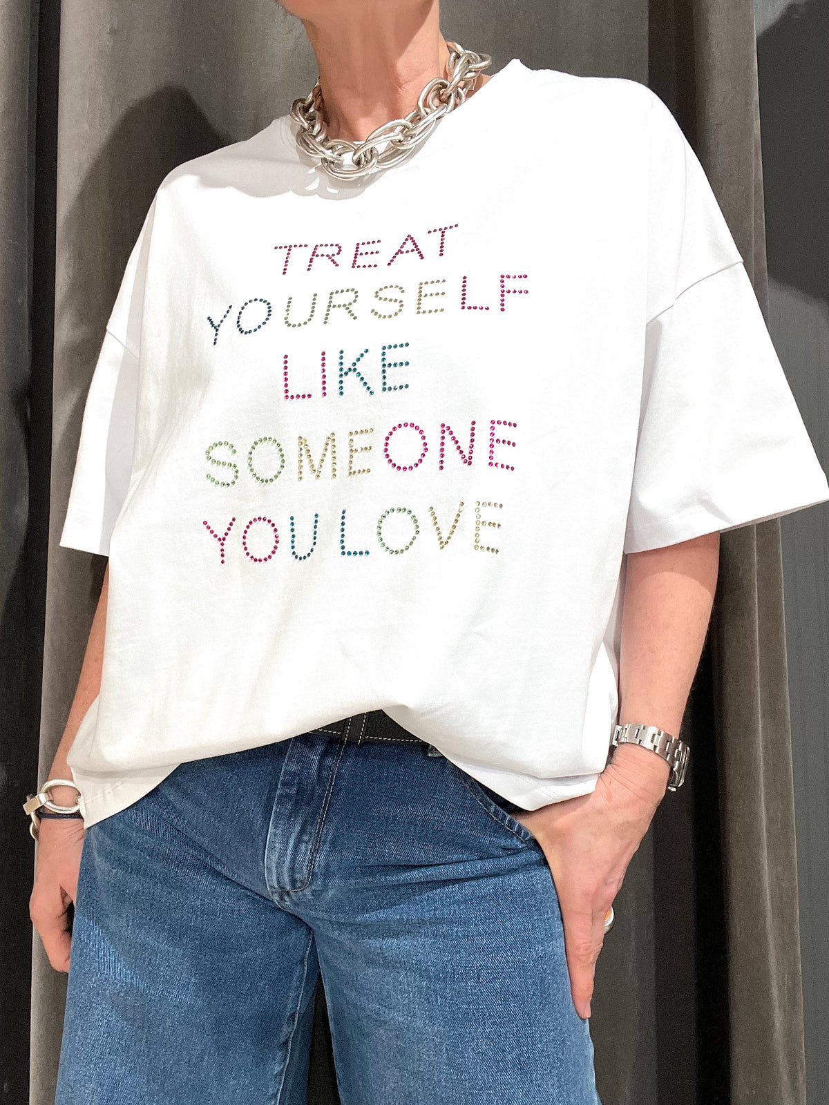 LIA maxi T-shirt à message strass