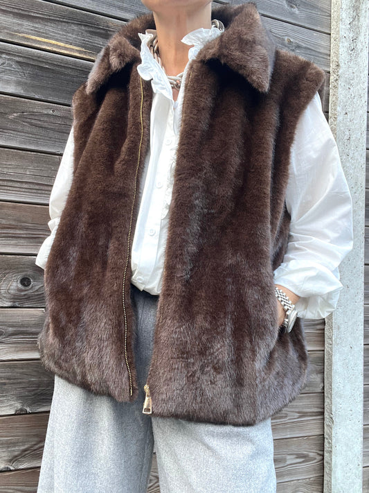 ELI veste sans manche fausse fourrure choco